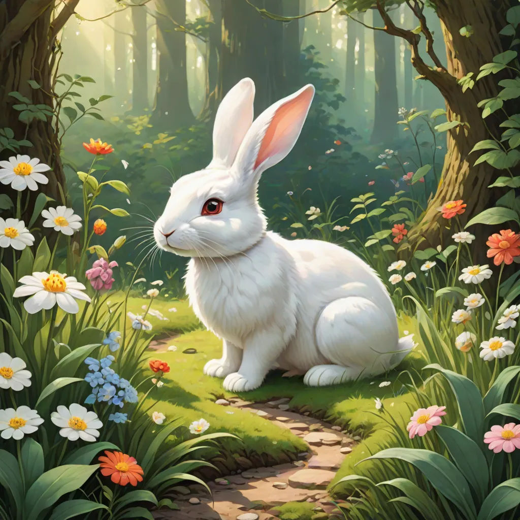 a white rabbit sitting in a forest with flowers and trees around it, looking at the camera with a smile, fantasy art, a painting, Chris LaBrooy, magic the gathering artwork