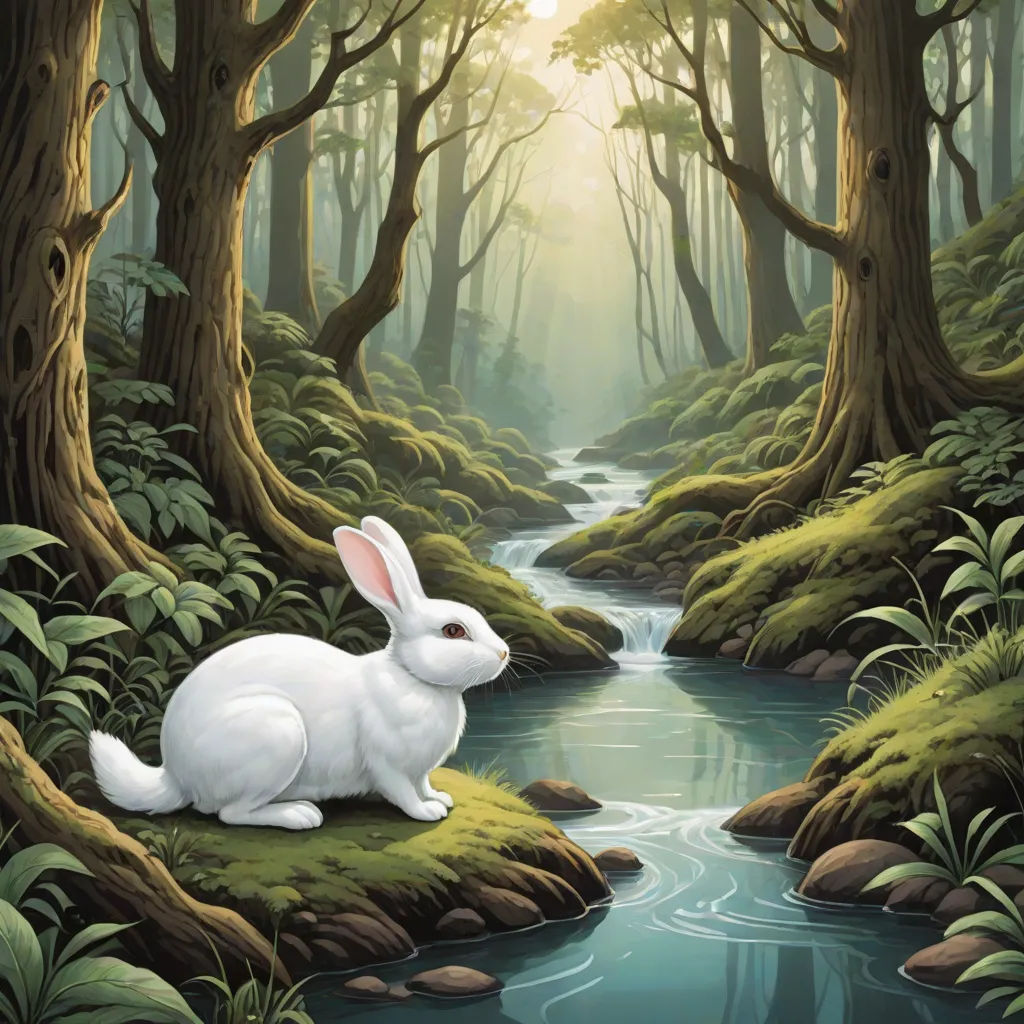 a painting of a white rabbit sitting on a mossy bank in a forest with a stream running through it, magical realism, a storybook illustration, Alice Prin, storybook illustration