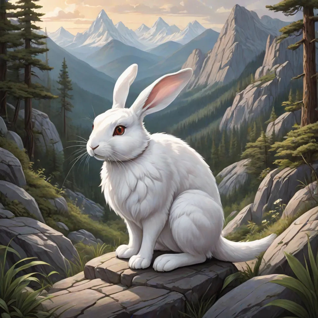 a painting of a white rabbit sitting on a rock in the mountains with a sunset in the background and a mountain range in the background, fantasy art, an airbrush painting, Ed Binkley, magic the gathering artwork
