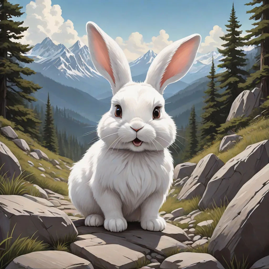 a painting of a white rabbit sitting on a rock in the mountains with a mountain range in the background, fantasy art, an oil painting, Art of Brom, magic the gathering artwork