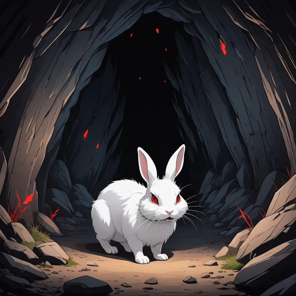 a white rabbit is sitting in a cave with red leaves on the ground and rocks around it, looking at the camera, furry art, a character portrait, Bedwyr Williams, rossdraws global illumination