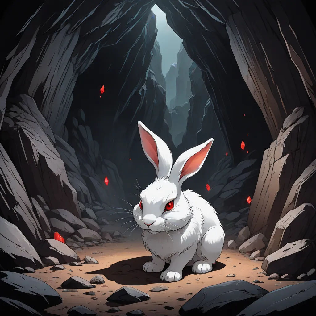 a white rabbit sitting in a cave with red eyes and ears, looking at the camera, with a dark background, fantasy art, a character portrait, Ayami Kojima, rossdraws global illumination