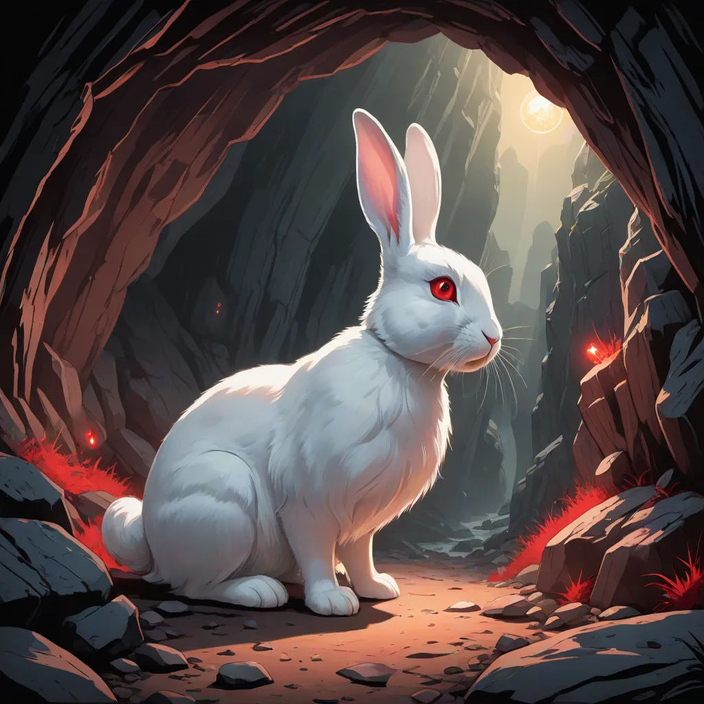 a white rabbit sitting in a cave with red eyes and glowing eyes on it's face, looking out, fantasy art, an ultrafine detailed painting, Art of Brom, rossdraws global illumination