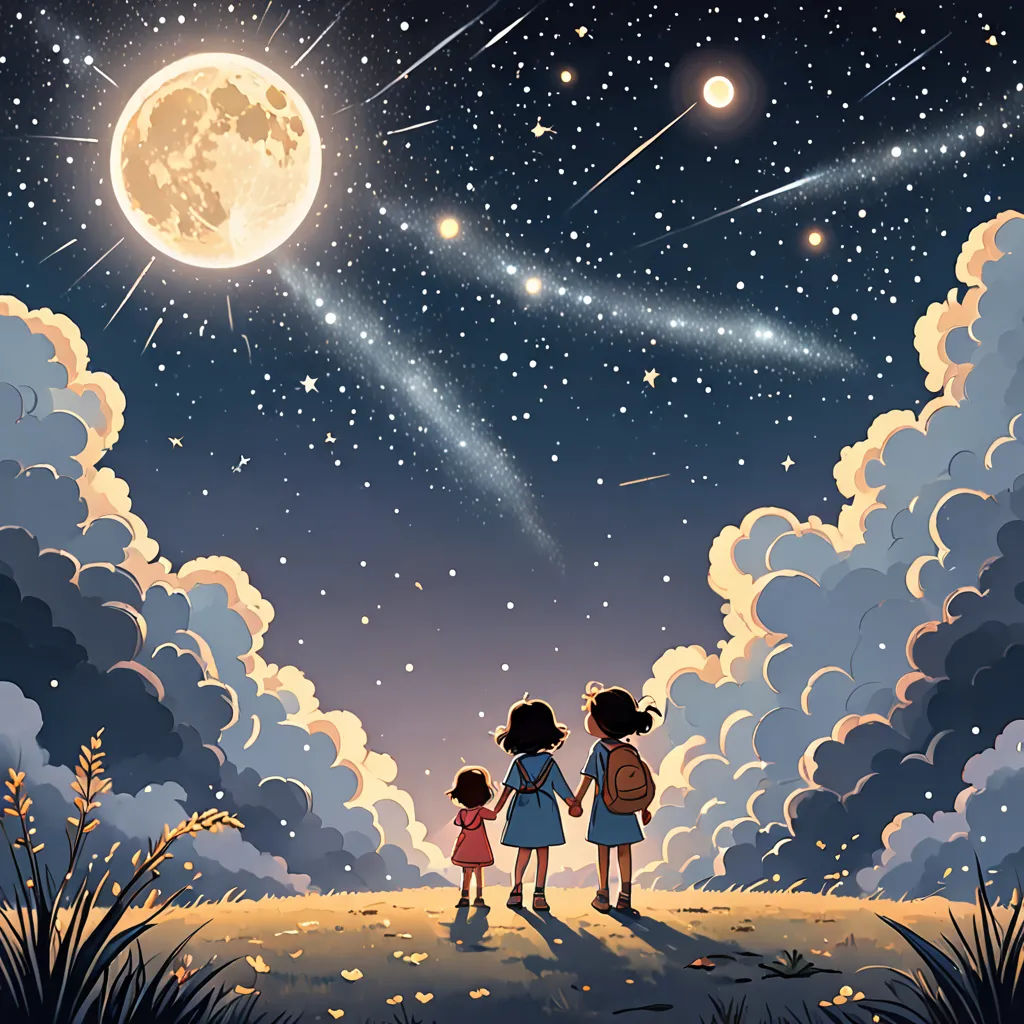 two children are looking at the stars in the sky above them, and the moon is shining brightly above them, space art, a storybook illustration, Atey Ghailan, night sky
