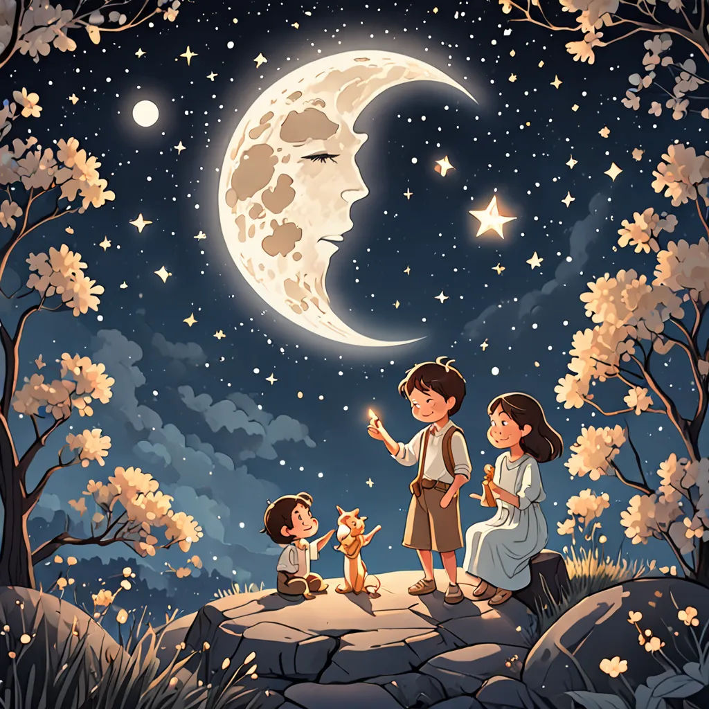 a boy and a girl are sitting on a rock under the moon and stars, with a dog looking at them, space art, a storybook illustration, Arthur Pan, storybook illustration