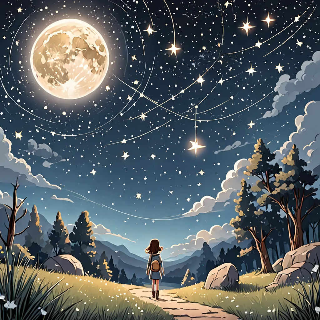 a girl is walking down a path to the moon and stars in the sky above her head is a full moon, space art, a storybook illustration, Atey Ghailan, night sky