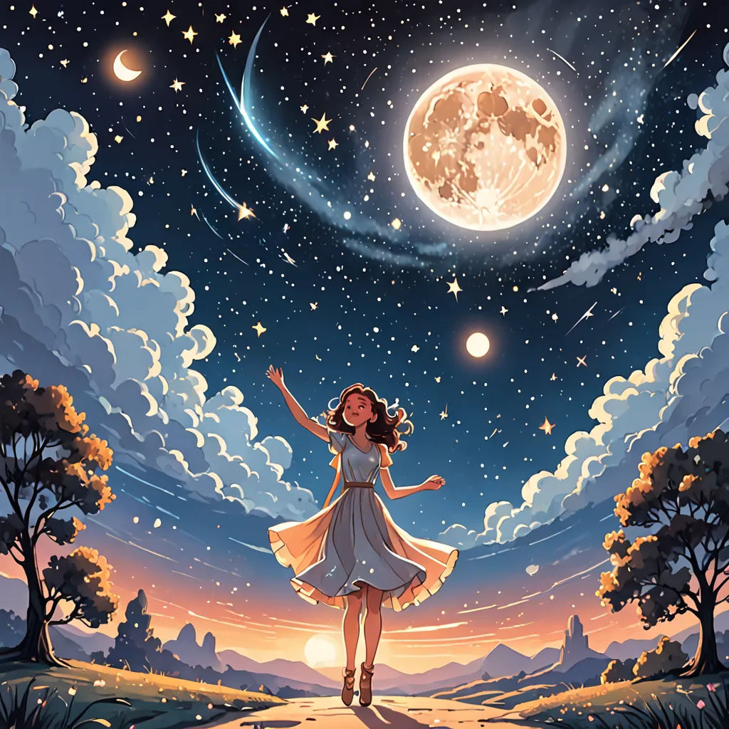 a girl in a dress is walking across a field at night with a full moon in the background and stars in the sky, space art, a storybook illustration, Cyril Rolando, highly detailed digital painting