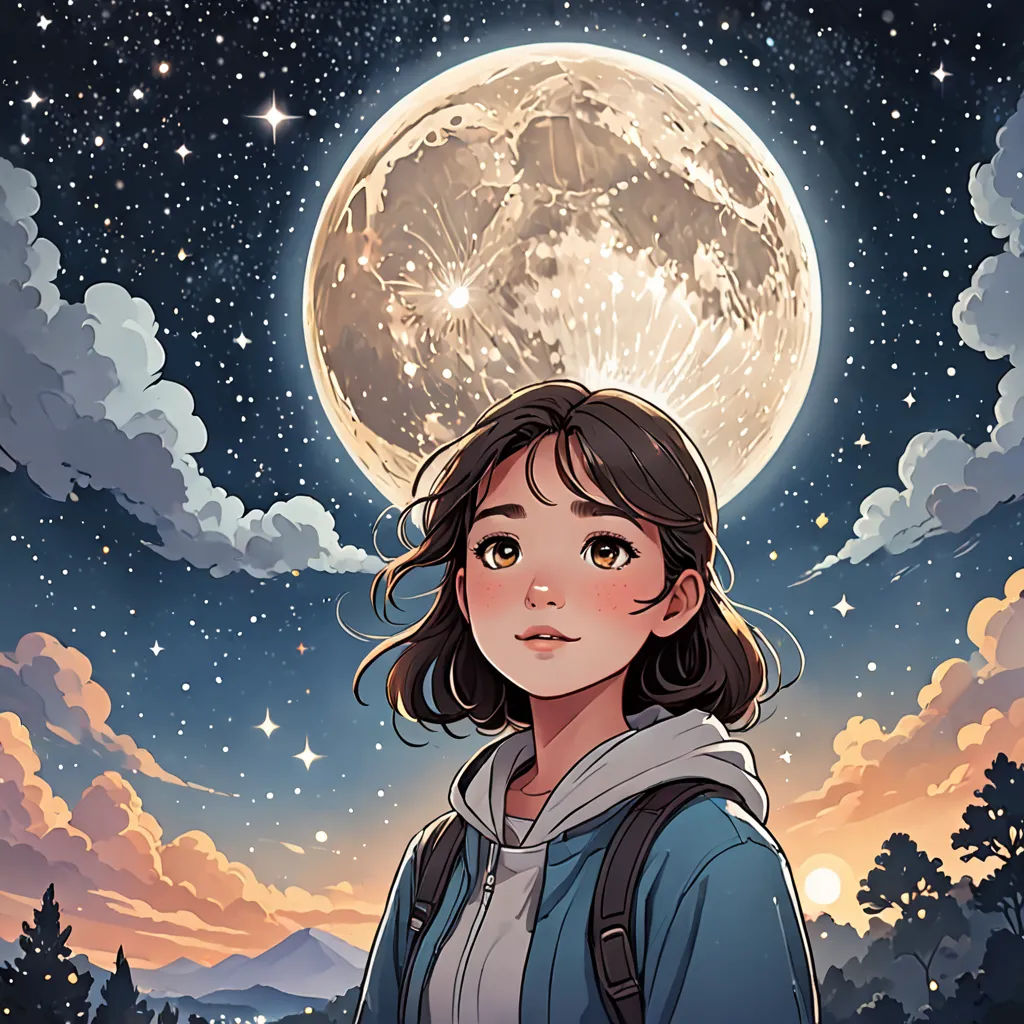 a girl with a backpack standing in front of a full moon and stars filled sky with clouds and trees, space art, a comic book panel, Atey Ghailan, moon
