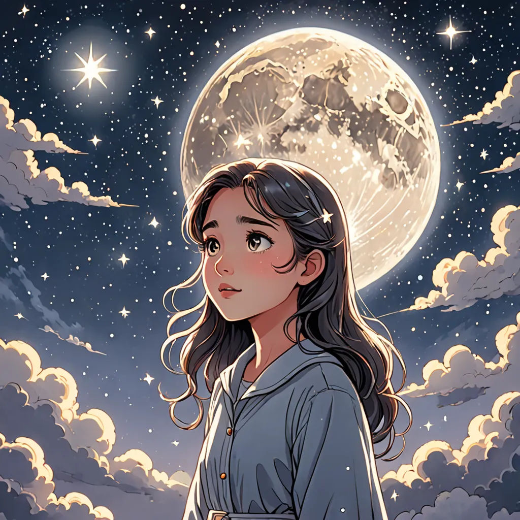 a girl standing in front of a full moon with clouds and stars in the sky behind her, looking at the sky, space art, a detailed drawing, Atey Ghailan, night sky