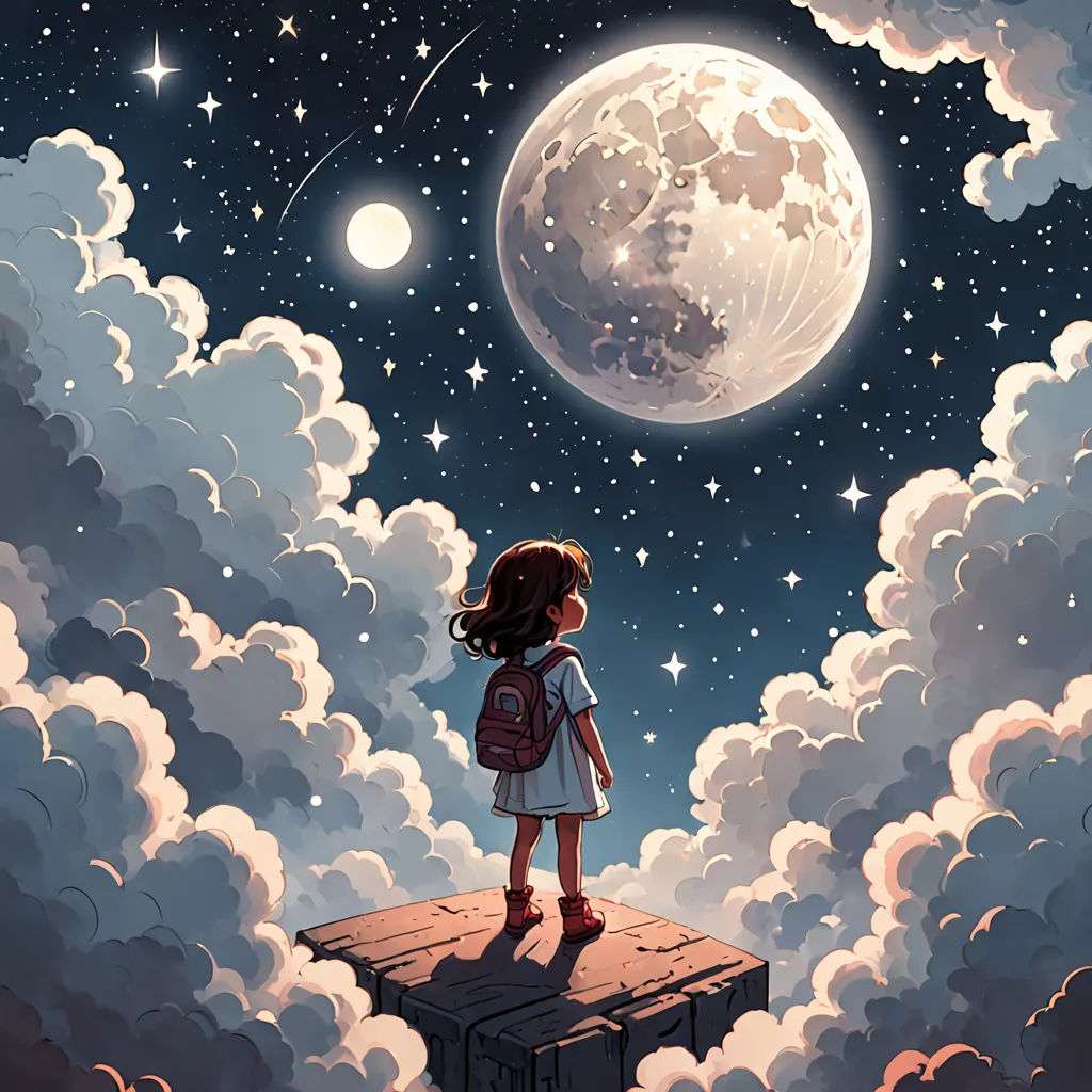 a little girl standing on a ledge looking at the moon and stars in the sky above her head is a cloud filled sky, space art, a storybook illustration, Atey Ghailan, moon