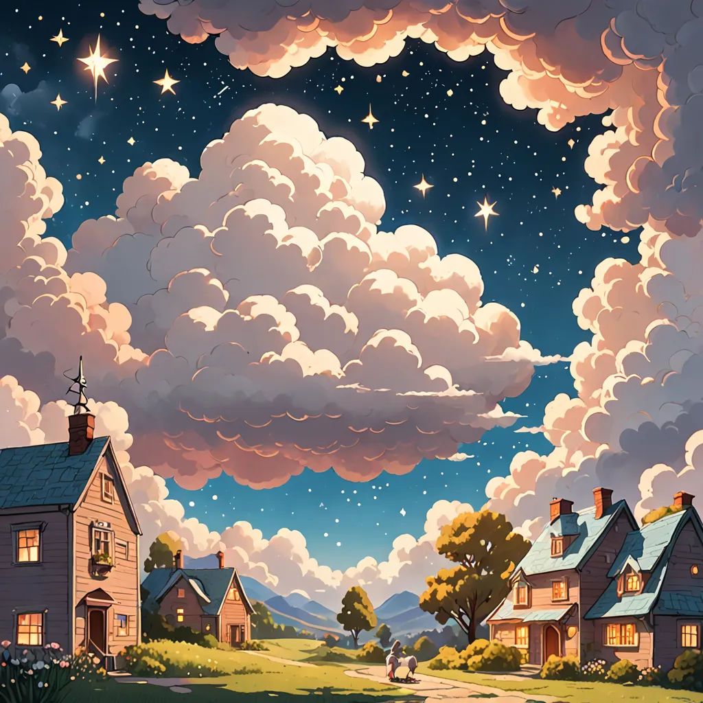 a painting of a night sky with clouds and stars above a rural town with a person walking on a path, american scene painting, a storybook illustration, Chris LaBrooy, storybook illustration