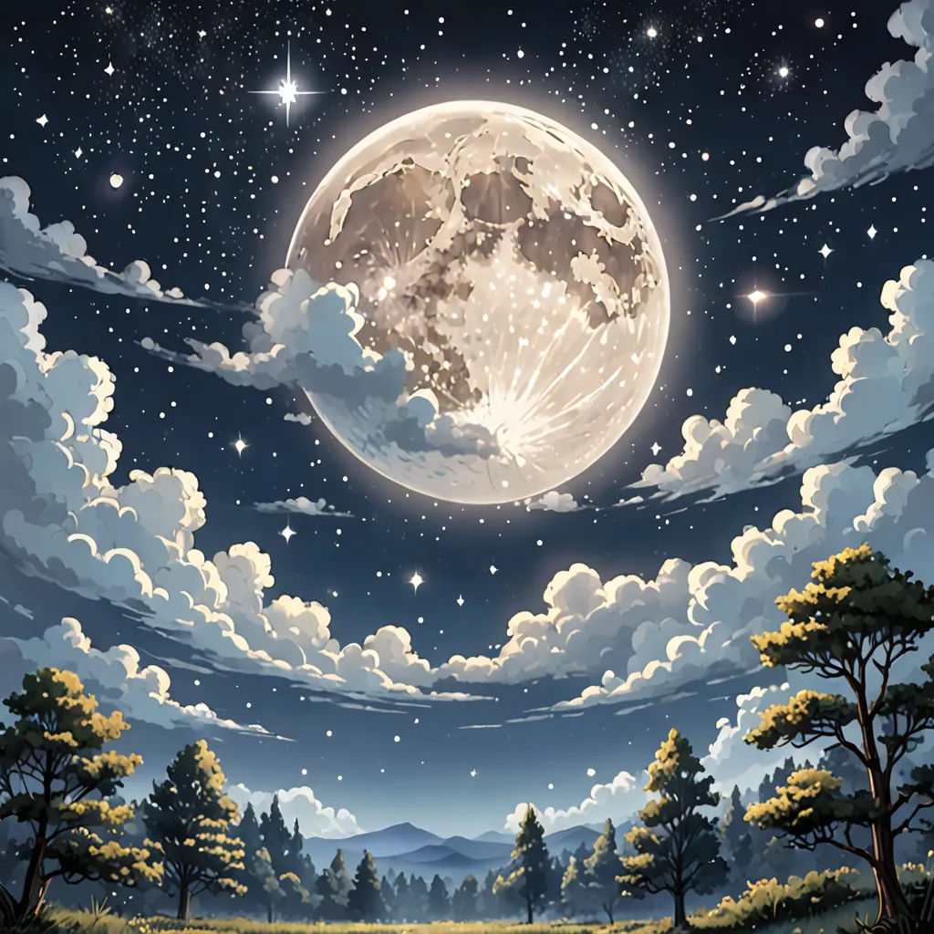 a painting of a full moon in the sky above a field of trees and grass with a forest below, space art, a detailed matte painting, Dan Mumford, full moon