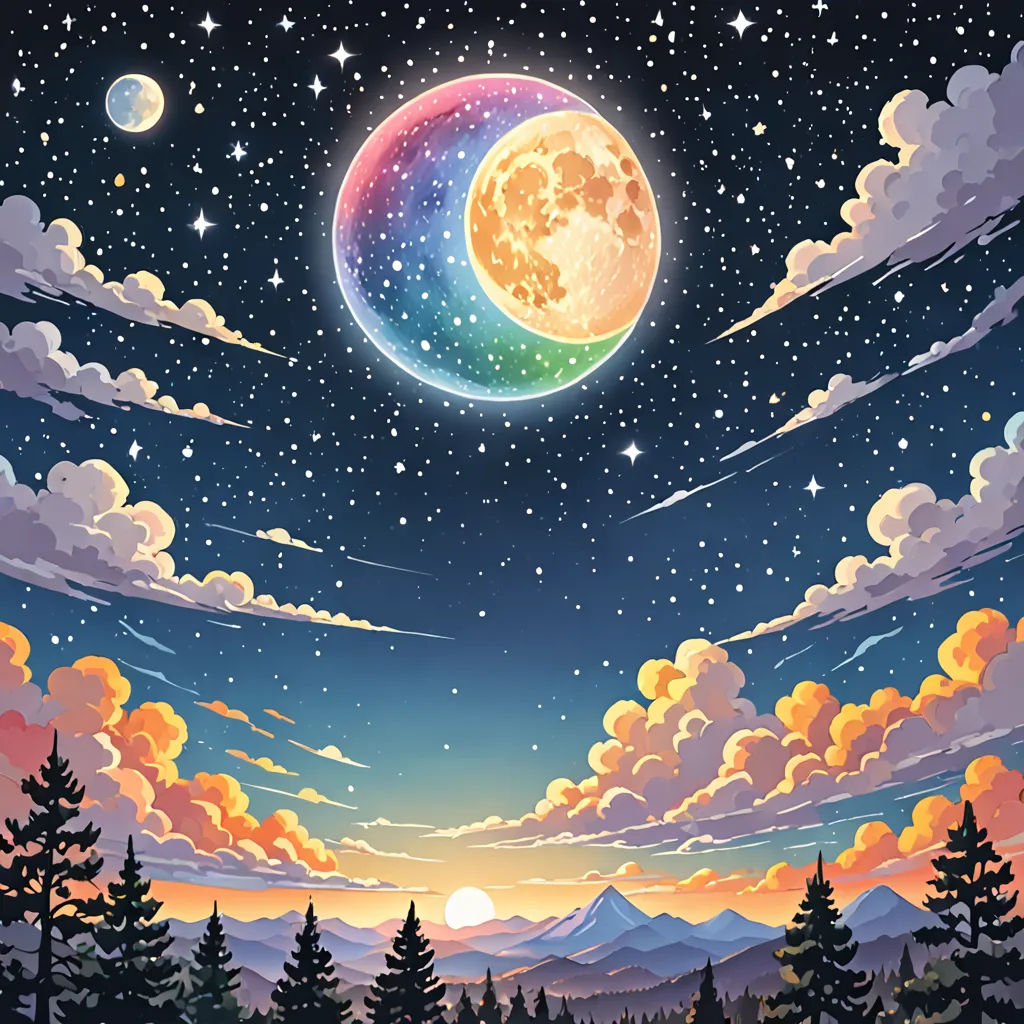 a painting of a full moon in the sky above a forest at night with clouds and stars above it, space art, a detailed painting, Chris LaBrooy, night sky