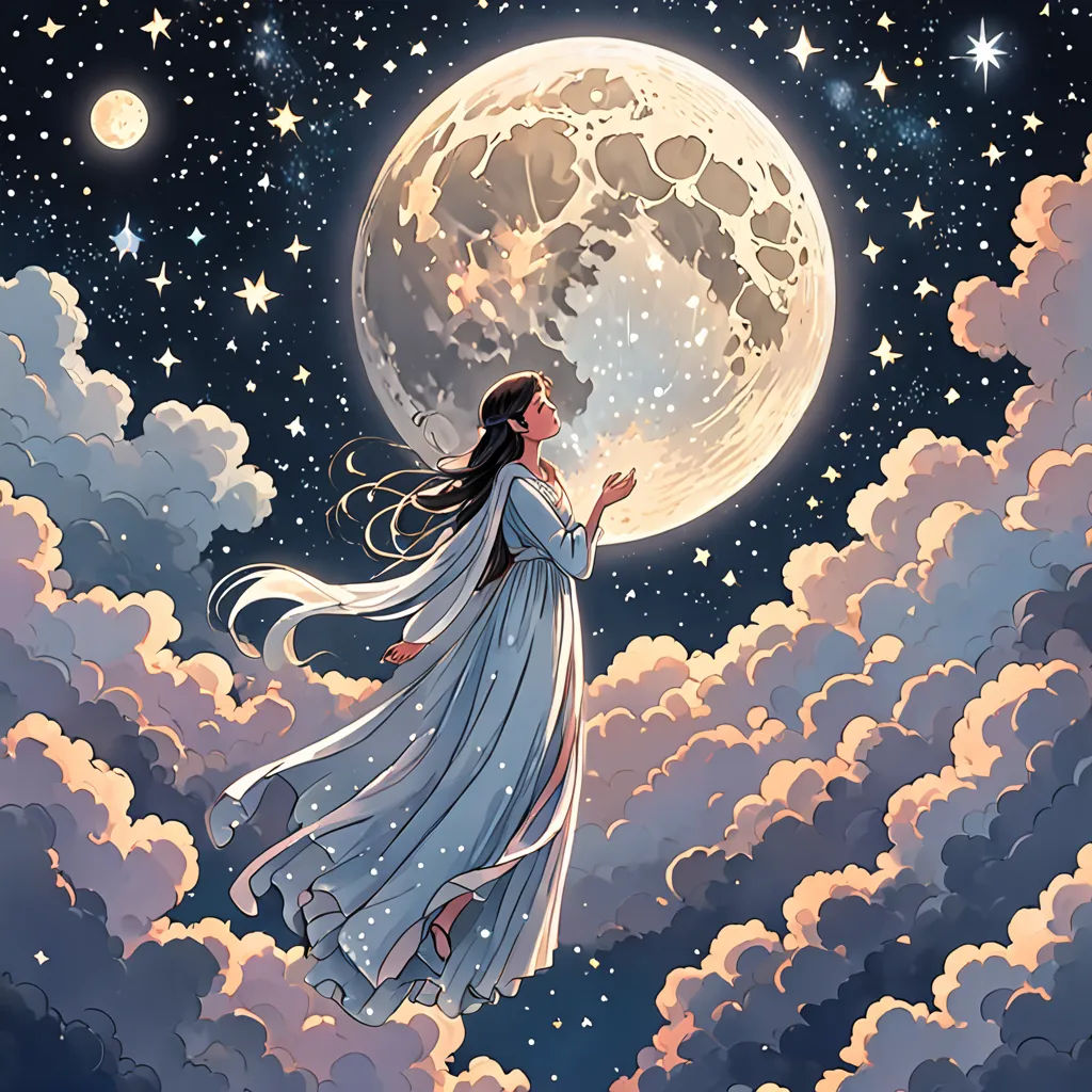 a woman in a white dress flying in the sky with a full moon in the background and clouds in the foreground, fantasy art, a storybook illustration, Cyril Rolando, moon