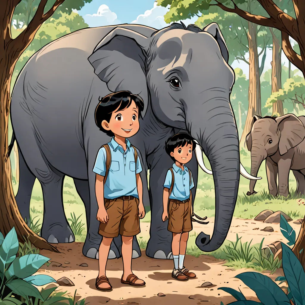a boy and girl standing in front of an elephant in a forest with trees and grass, with another elephant behind them, samikshavad, a storybook illustration, Diego Gisbert Llorens, promotional image