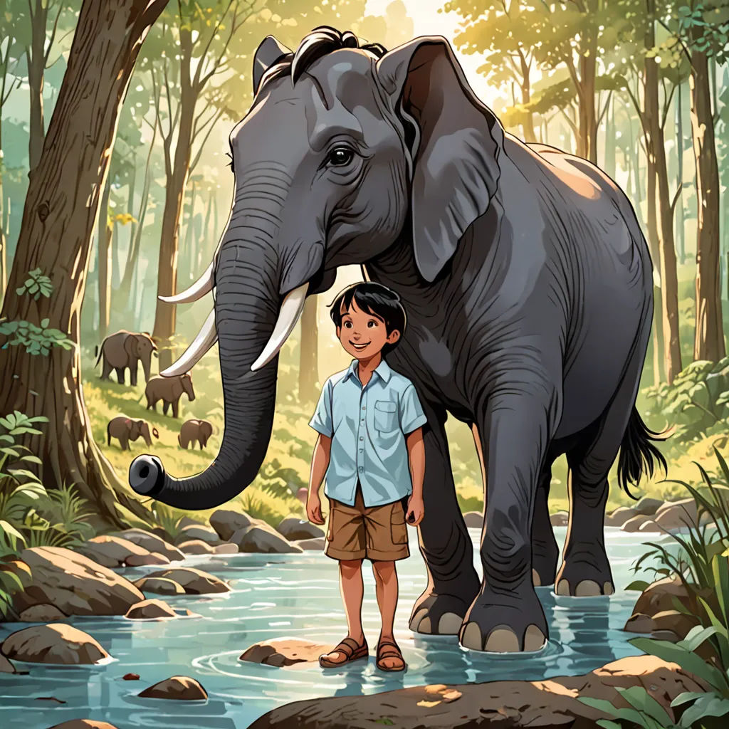 a boy standing next to an elephant in a forest with other elephants in the background and a river running through it, samikshavad, a storybook illustration, Cliff Childs, official art