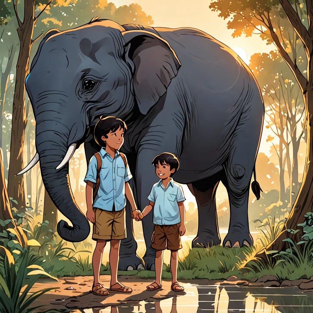 a boy and a boy are standing in front of an elephant in the jungle with a reflection of the elephant, samikshavad, a storybook illustration, Diego Gisbert Llorens, storybook illustration