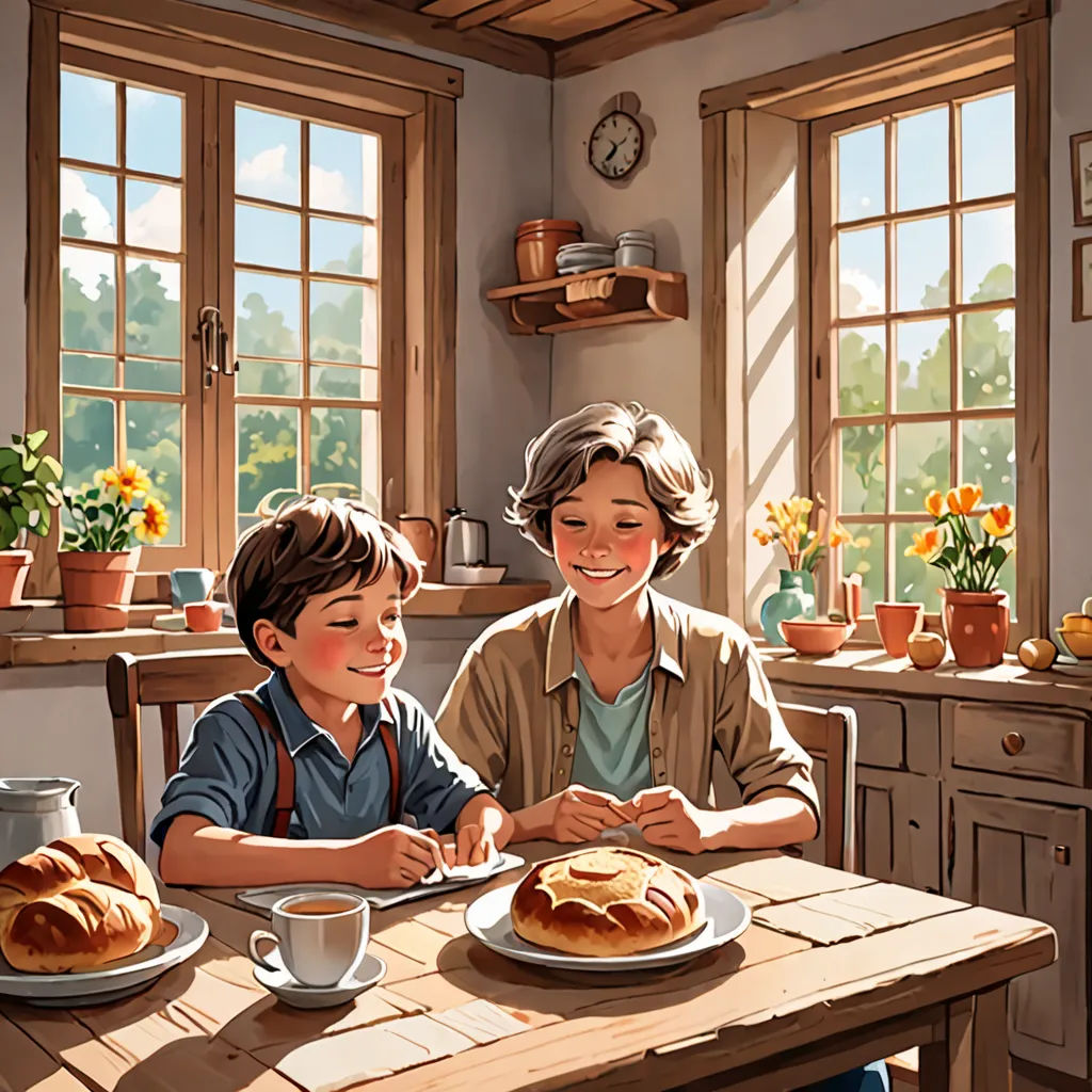 a painting of two boys sitting at a table with a plate of food in front of them and a pot of flowers, american scene painting, a storybook illustration, Brothers Hildebrandt, storybook illustration