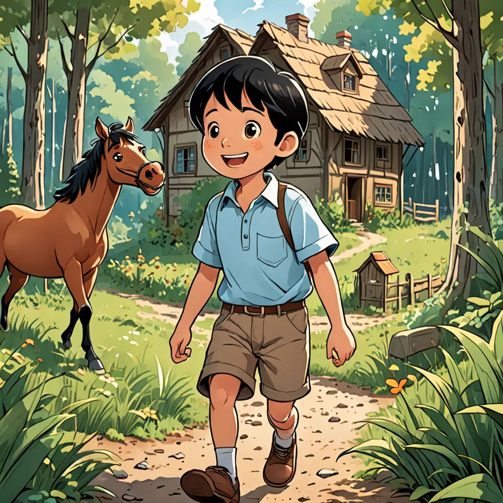 a boy walking down a path with a horse in the background and a cabin in the background with a horse on the other side, synthetism, a storybook illustration, Cliff Childs, storybook illustration