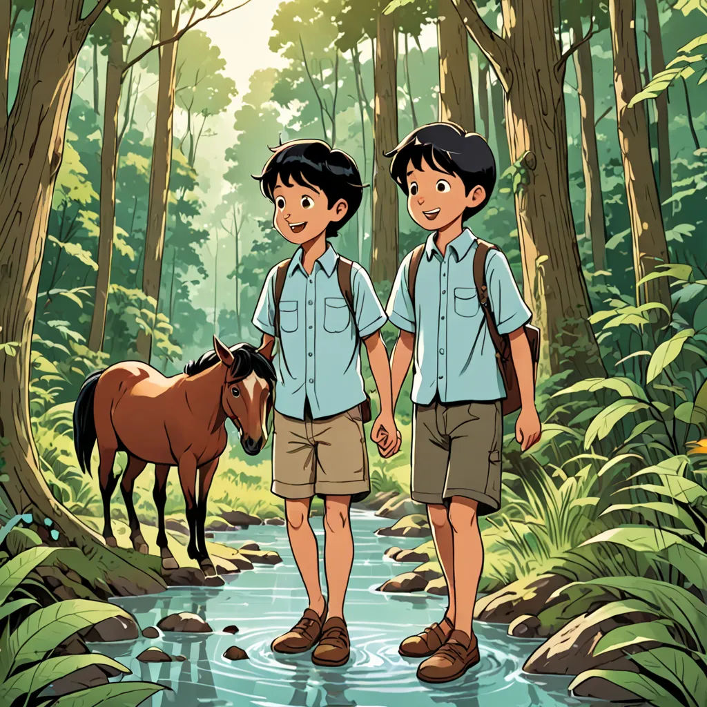 two boys are standing in the woods with a horse in the water and a stream running through the woods, environmental art, a storybook illustration, Basuki Abdullah, promotional image