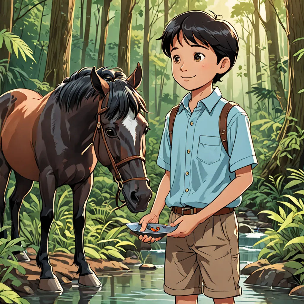 a boy standing next to a horse in a forest with a stream of water in front of him and a forest background, environmental art, a storybook illustration, Diego Gisbert Llorens, storybook illustration