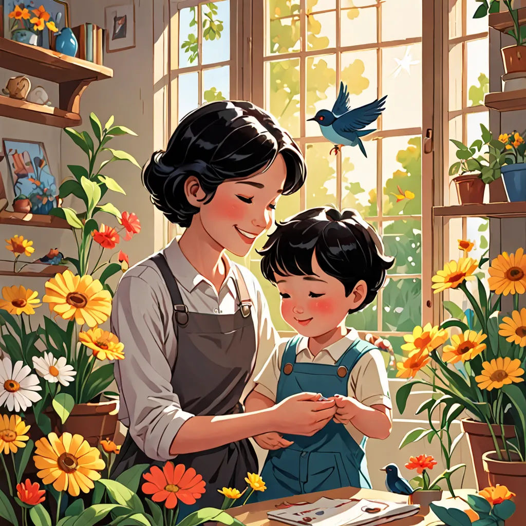 a woman and child are in a flower shop with sunflowers and a bird flying overhead and a window behind them, art & language, a storybook illustration, Aaron Jasinski, stanley artgerm lau