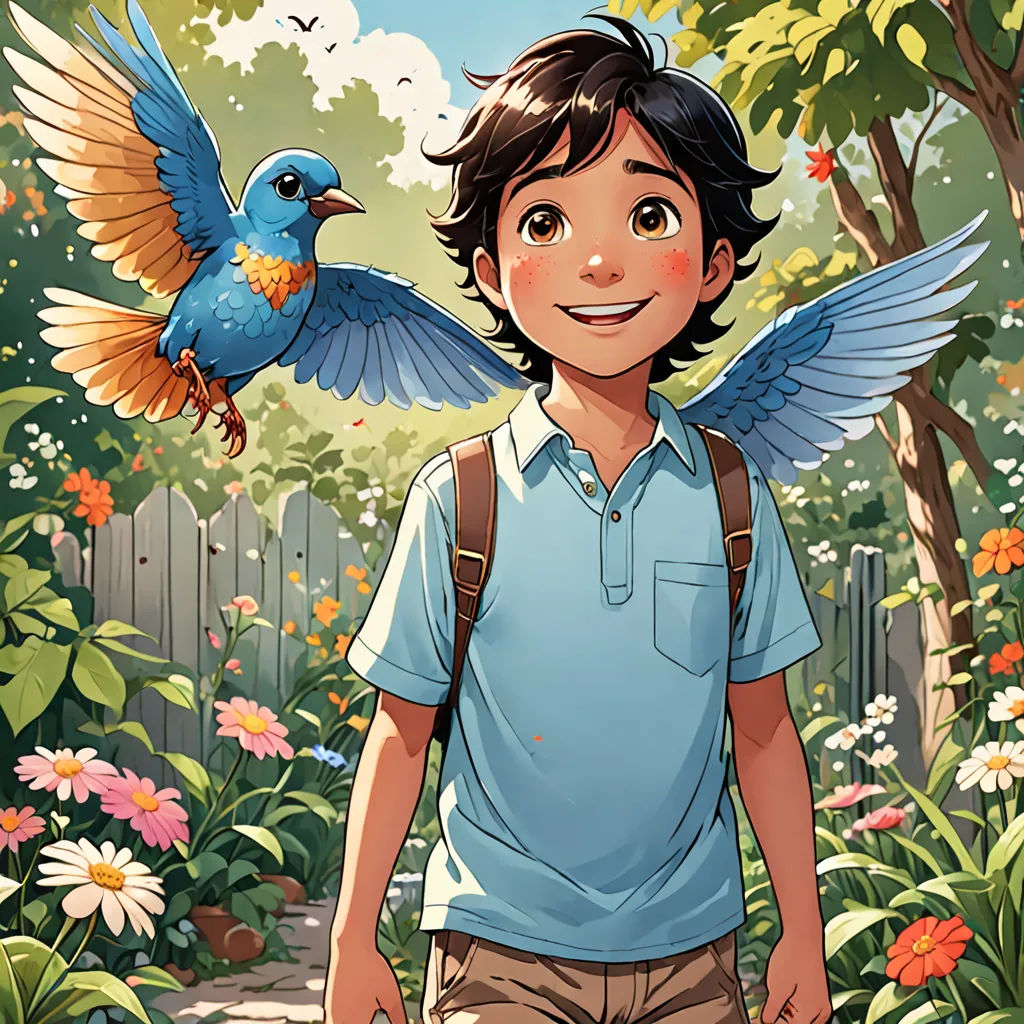 a boy with a backpack and a bird on his shoulder in a garden with flowers and trees, and a fence, magical realism, a storybook illustration, Cliff Childs, comic cover art