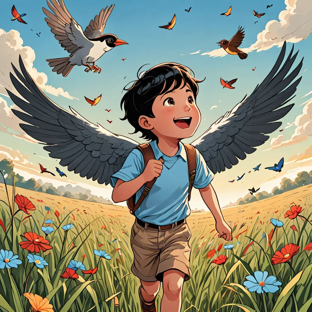 a boy with a backpack and a bird flying above him in a field of flowers and butterflies with a bird flying overhead, process art, a storybook illustration, Aaron Jasinski, comic cover art