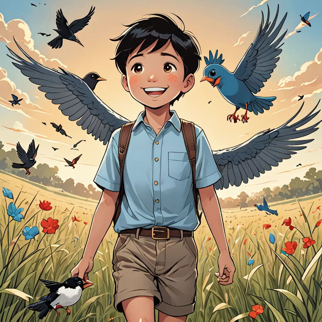 a boy with a backpack and birds flying around him in a field of flowers and grass with a sky background, private press, a comic book panel, Cliff Childs, comic cover art