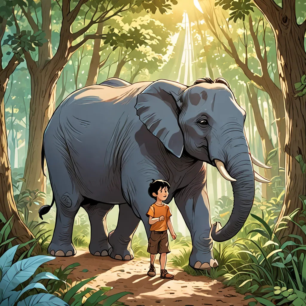 a boy standing next to an elephant in a forest with trees and sunlight shining through the trees behind him, sumatraism, a storybook illustration, Asaf Hanuka, comic cover art