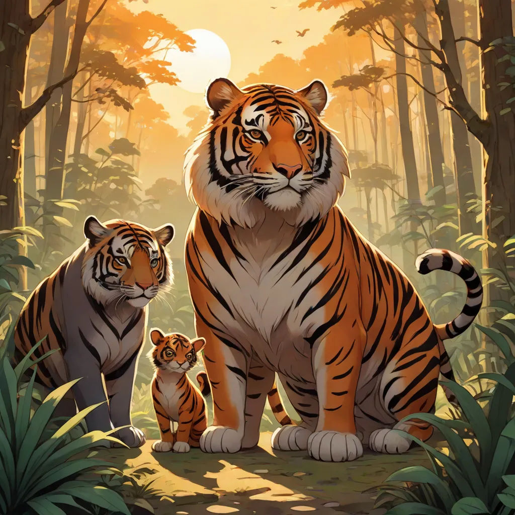 a tiger and her cub are standing in the woods at sunset, with the sun shining through the trees, furry art, poster art, Brothers Hildebrandt, official art