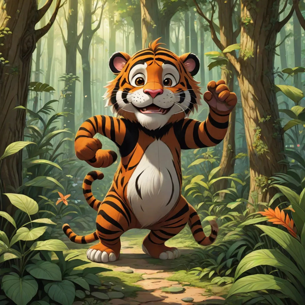 a cartoon tiger is walking through a forest with trees and leaves on the ground and a trail leading to the forest, furry art, a digital painting, Chris LaBrooy, official art