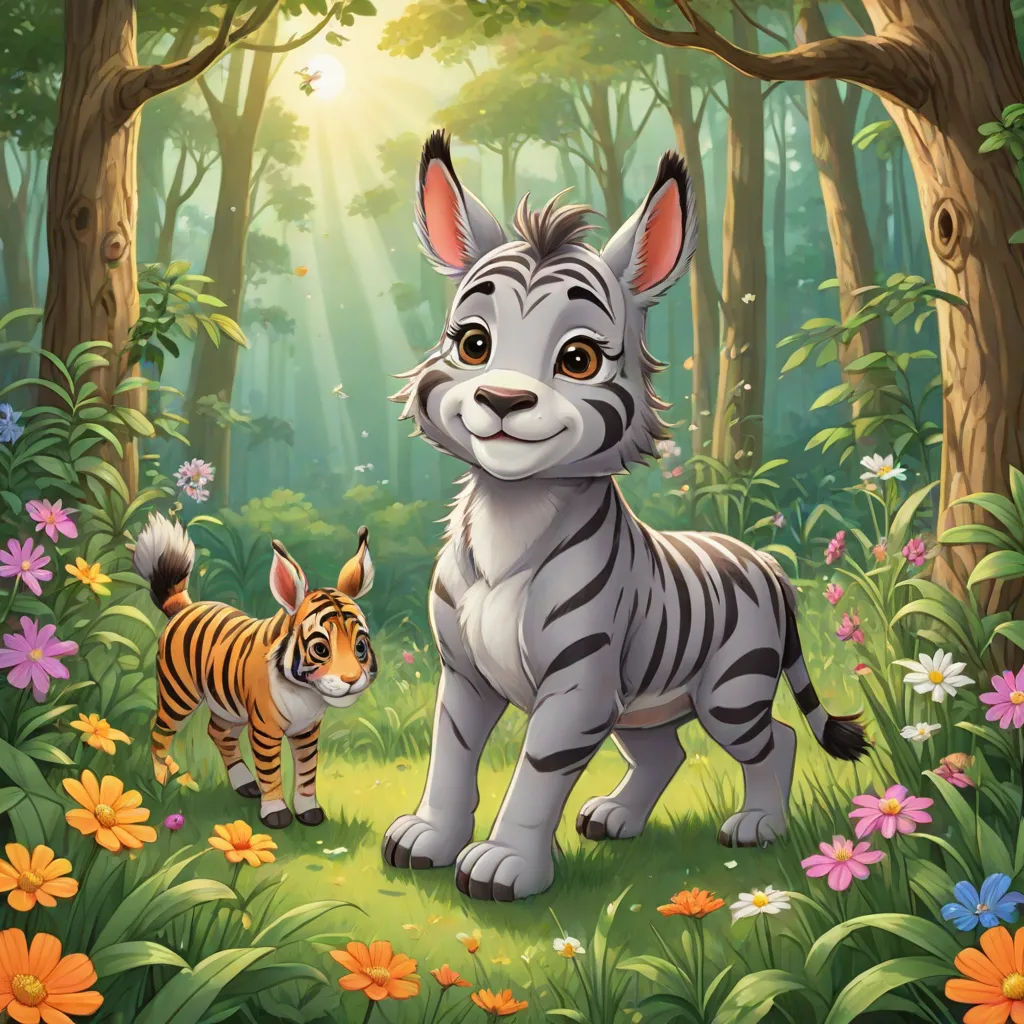 a tiger and a tiger cub in a jungle scene with flowers and trees and sunlight shining through the trees, furry art, a character portrait, Dai Jin, official art