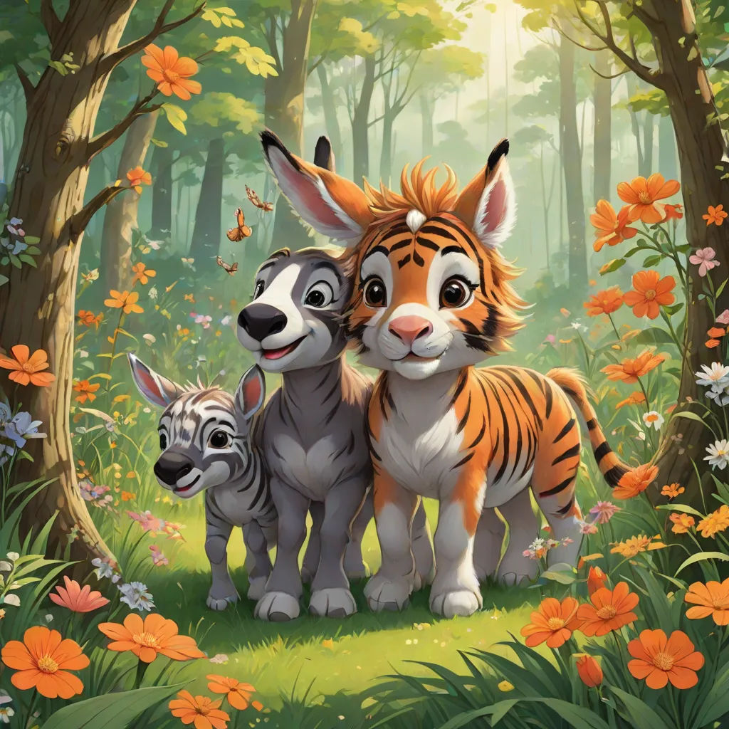 a painting of two tigers and a zebra in a forest with flowers and butterflies around them, with a baby zebra standing between them, furry art, a painting, Cynthia Sheppard, official art
