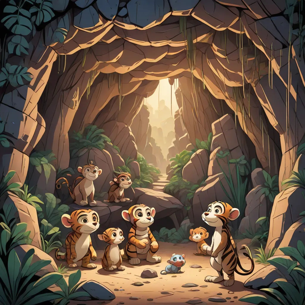 a group of animals standing in a cave with a light at the end of the tunnel and a cave entrance, furry art, a cave painting, Cliff Childs, rossdraws global illumination