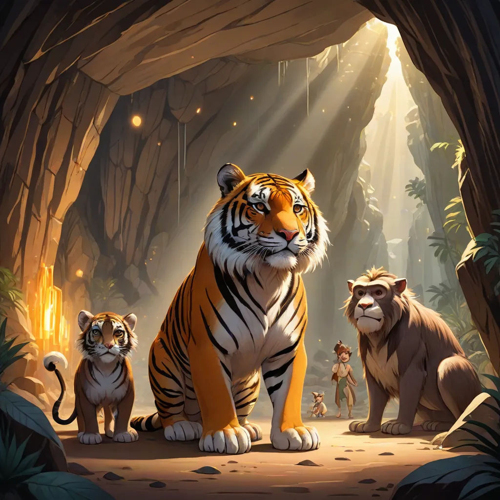 a tiger and two other animals in a cave with light coming through the cave door and a man standing in the cave, furry art, poster art, Chris LaBrooy, promotional image