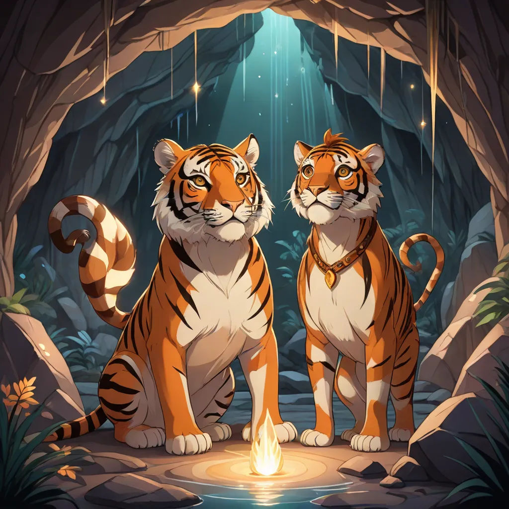 two tigers sitting in a cave with a fire in the middle of the picture and a cave with a waterfall, furry art, poster art, Artgerm, rossdraws global illumination
