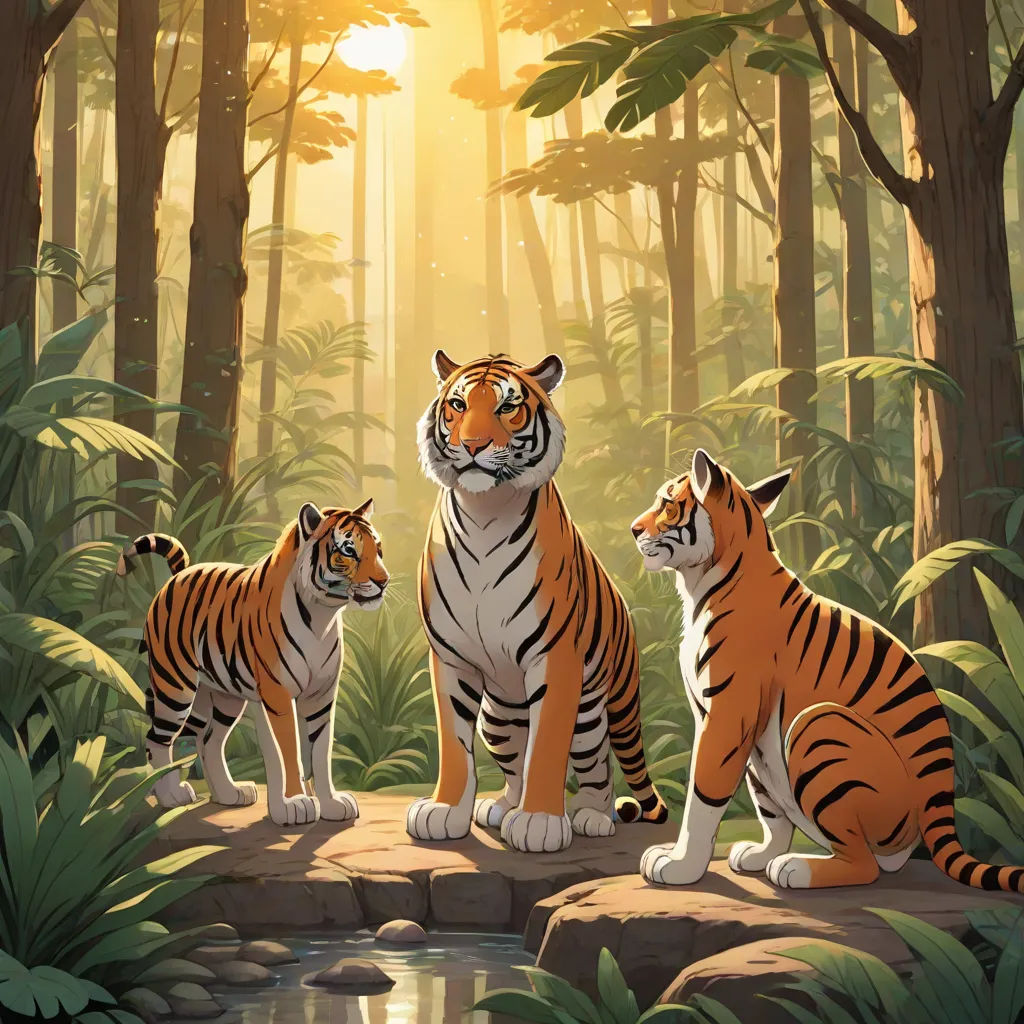 three tigers are standing on a rock in the woods near a stream of water and trees, with the sun shining through the trees, furry art, poster art, Brothers Hildebrandt, official art