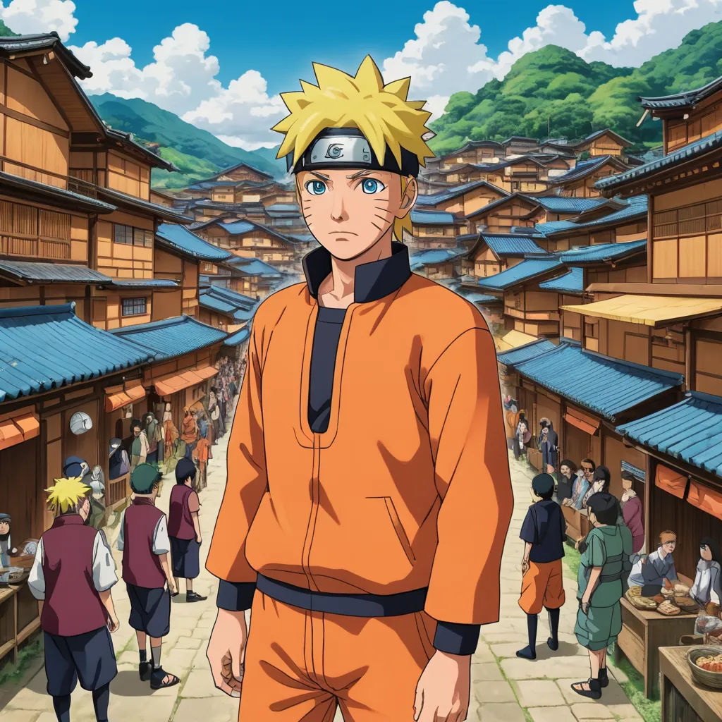 a man in an orange outfit standing in front of a crowd of people in a village with mountains in the background, les nabis, a detailed matte painting, Baiōken Eishun, official art