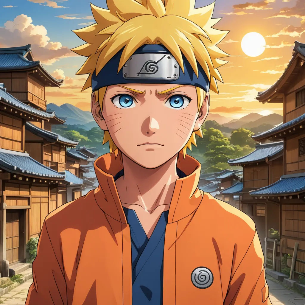 a man in an orange jacket standing in front of a building with a sky background and a sunset behind him, ukiyo-e, a character portrait, Baiōken Eishun, official art