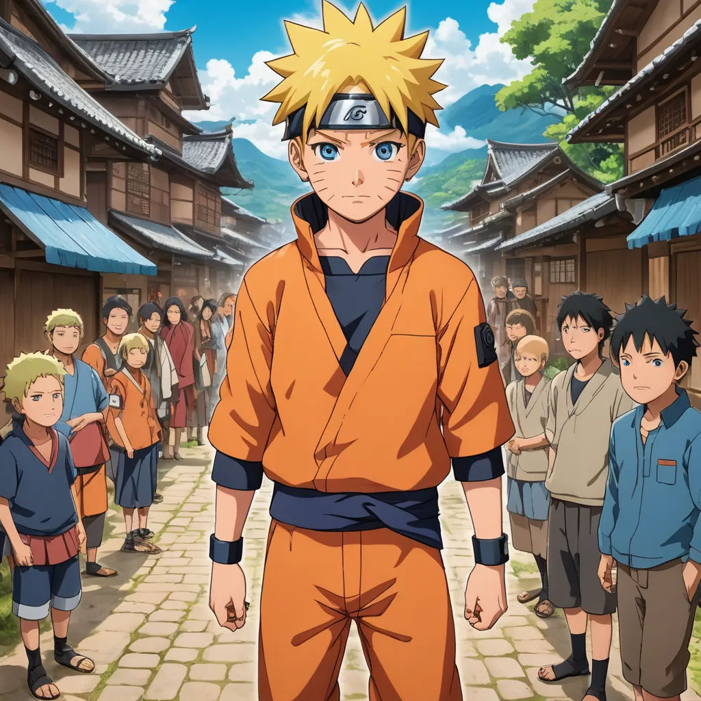 a man in an orange outfit standing in front of a crowd of people in a village with a sky background, les nabis, a poster, Baiōken Eishun, anime key visual