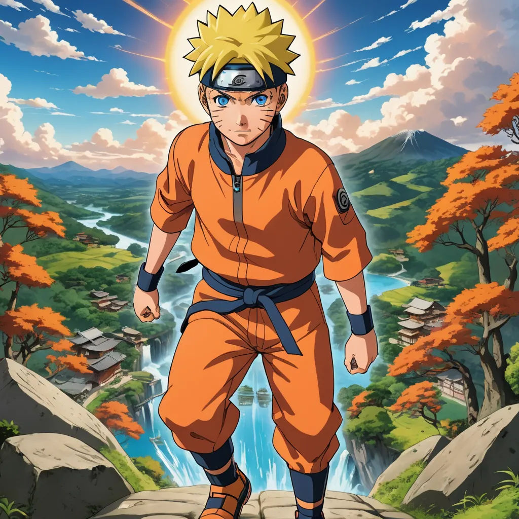a man in an orange outfit standing on a rock with a waterfall in the background and a sky with clouds, dau-al-set, poster art, Baiōken Eishun, official art