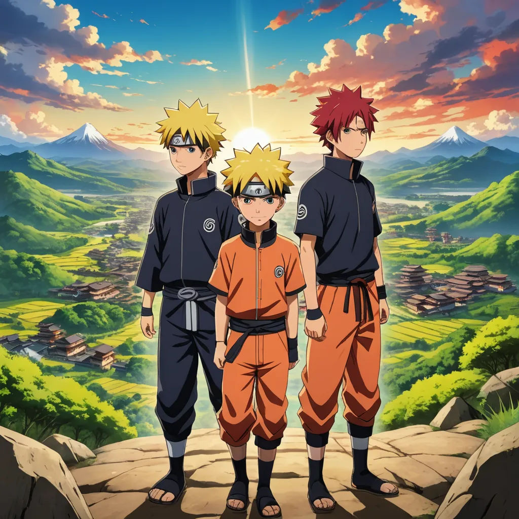 a group of people standing on top of a mountain under a cloudy sky with a sunset behind them and a town in the distance, dau-al-set, poster art, Baiōken Eishun, anime key visual
