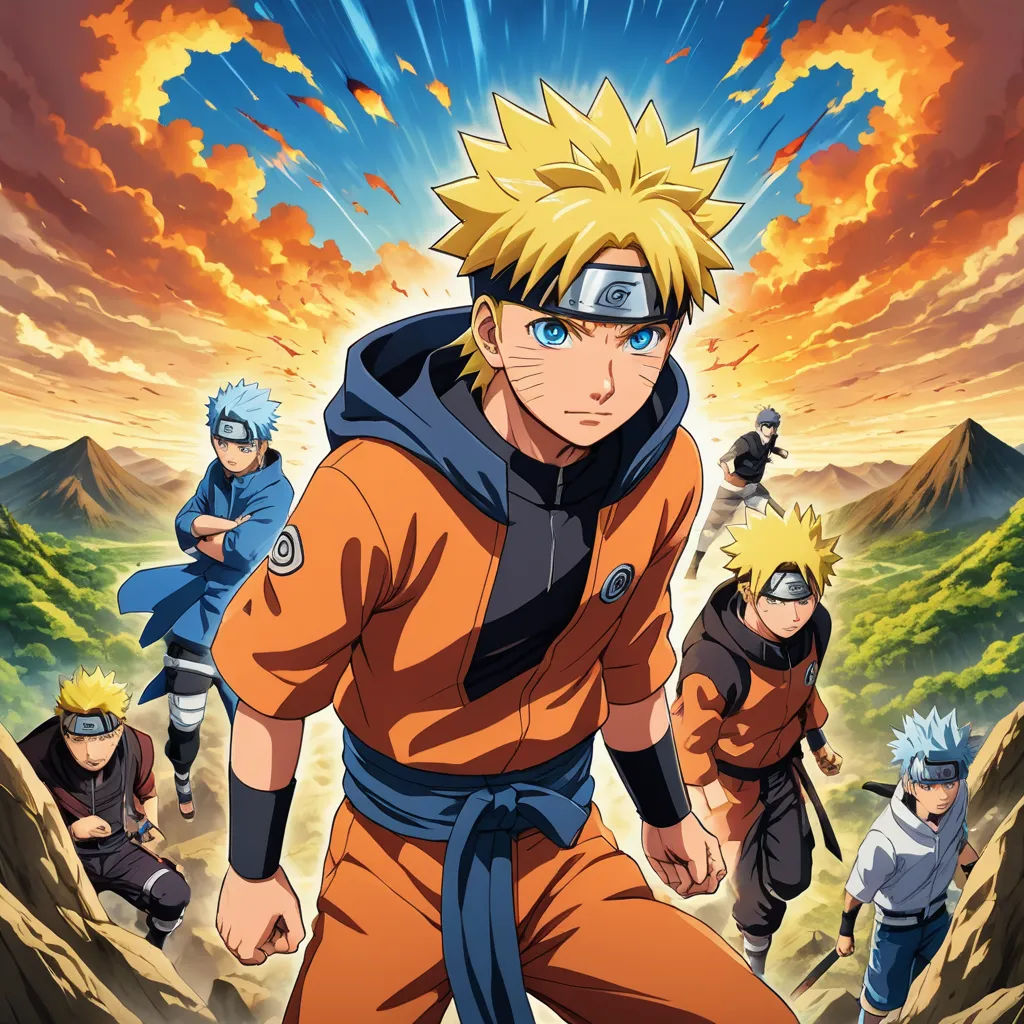 a cartoon character with many other characters in the background, including a man in a blue and orange outfit, rayonism, a poster, Baiōken Eishun, anime key visual