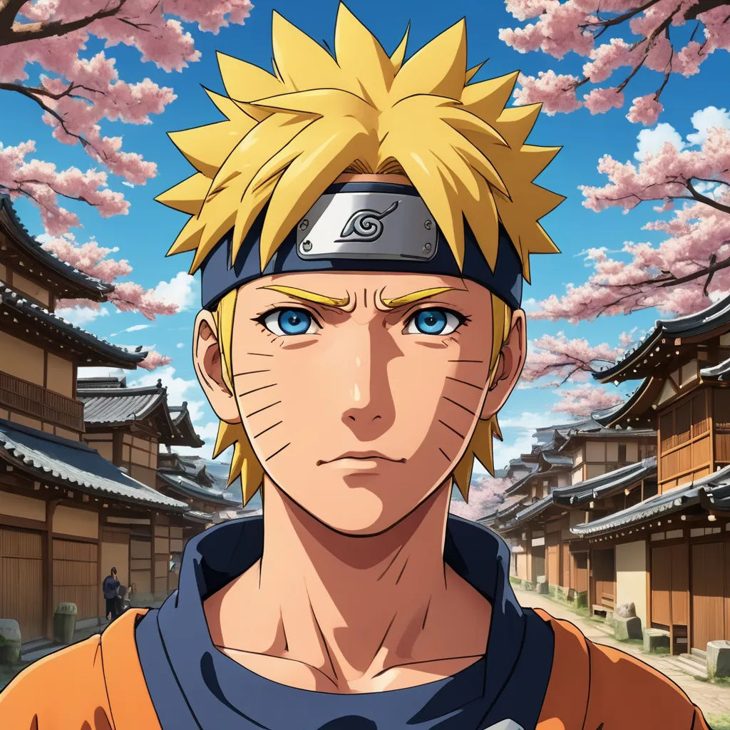 a man with a hat and a blue shirt in front of a building with cherry blossoms on it and a sky background, ukiyo-e, a character portrait, Baiōken Eishun, official art