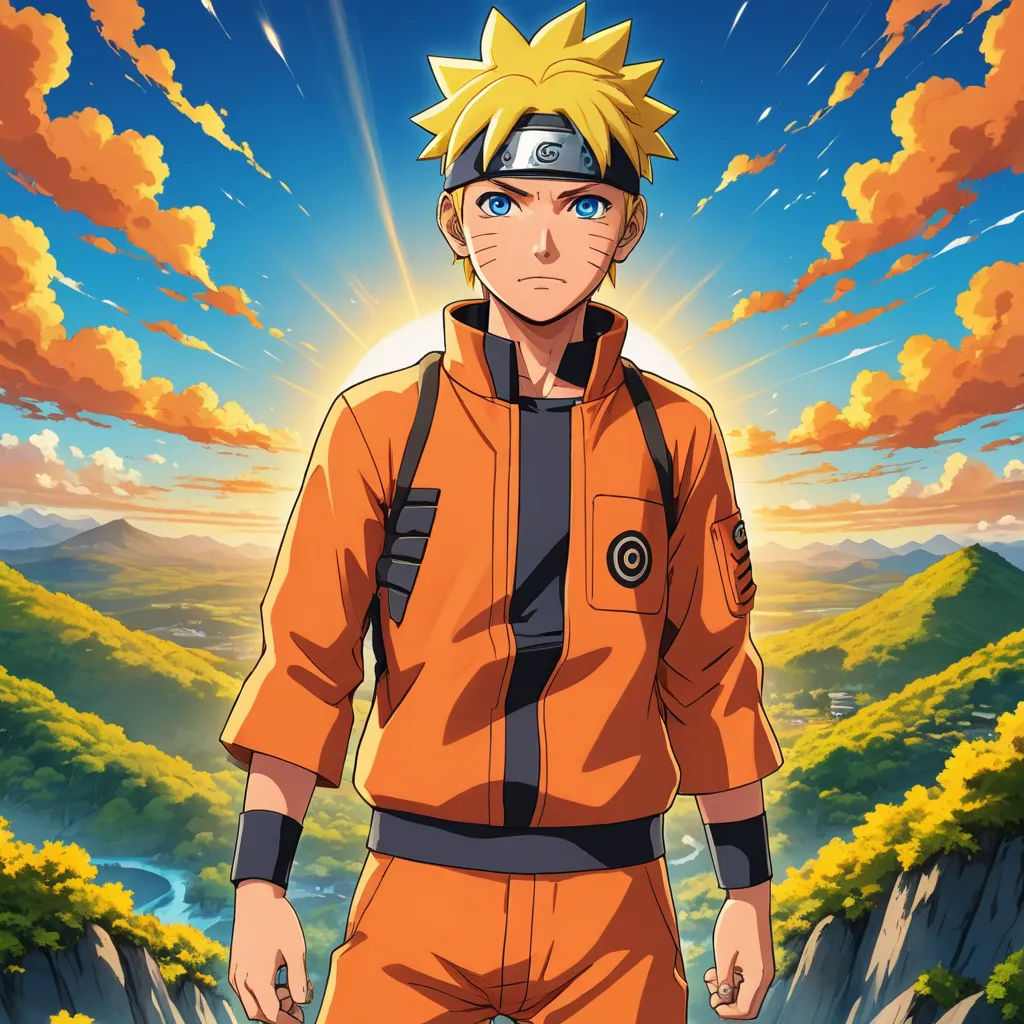 a man in an orange outfit standing in front of a mountain with a sky background and clouds in the background, dau-al-set, poster art, Baiōken Eishun, official art