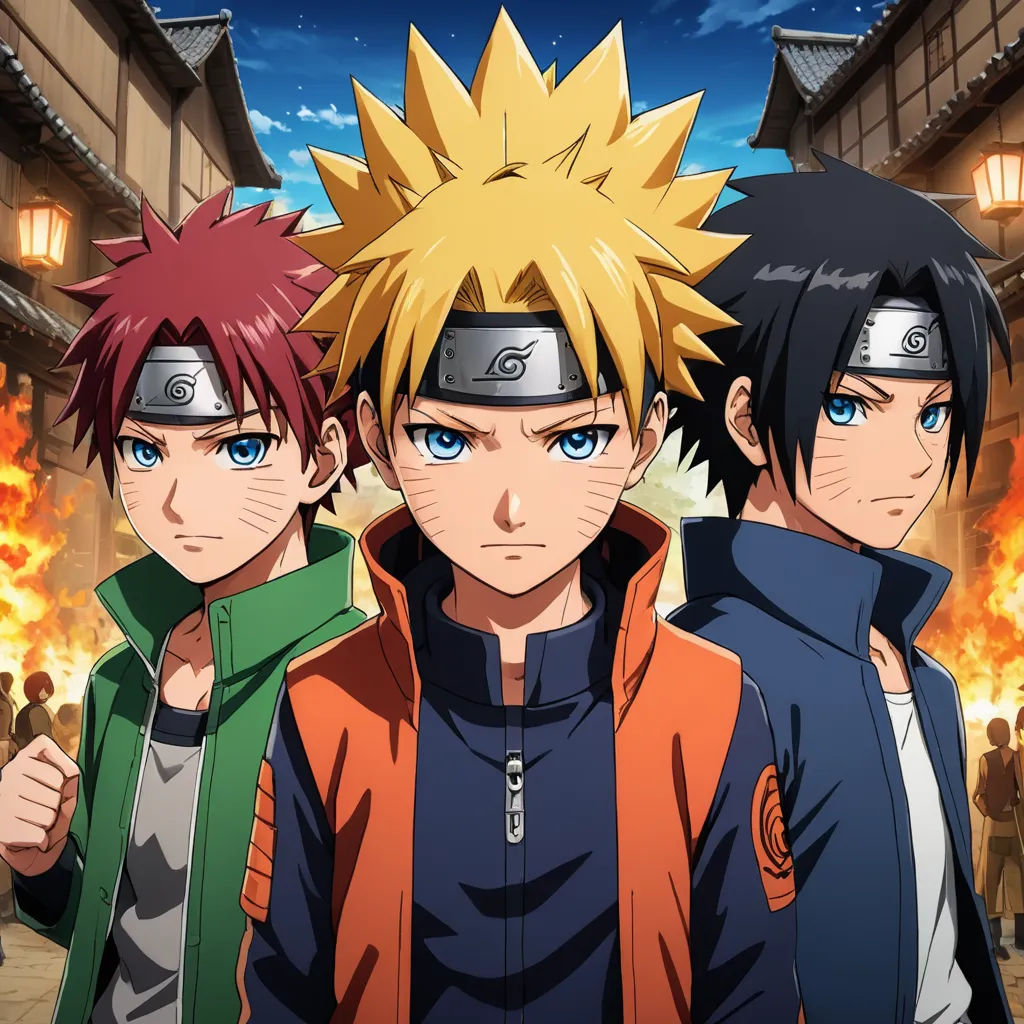 three anime characters standing in front of a fire with their eyes open and one has a green jacket on, les nabis, a poster, Baiōken Eishun, anime