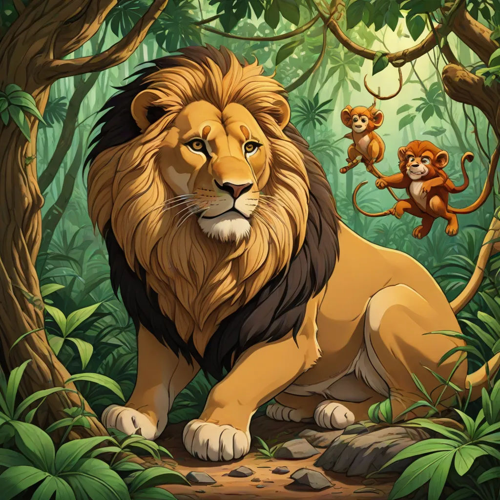 a lion and a monkey in a jungle with trees and rocks and leaves on the ground and a tree with a few branches, Chris LaBrooy, furry art, a storybook illustration, official art