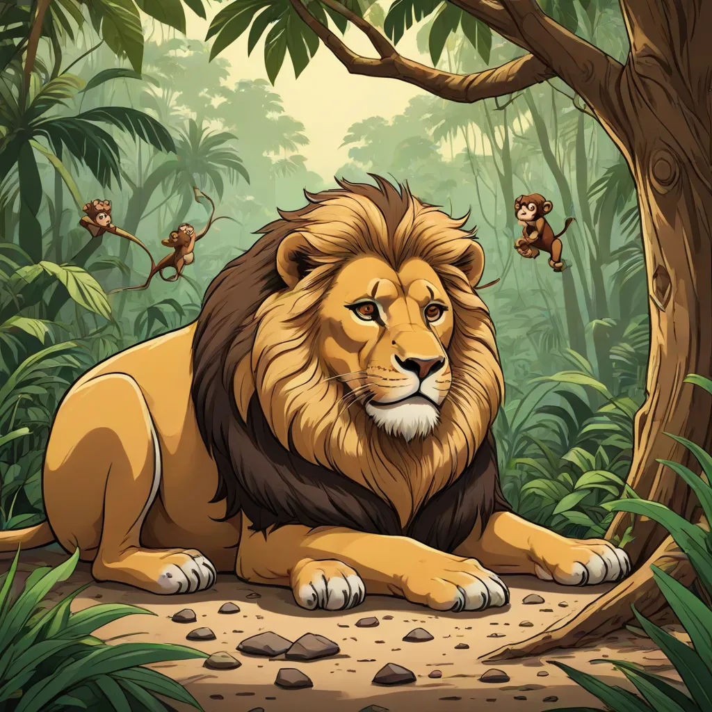 a lion sitting in the middle of a jungle with monkeys on the trees behind him and a path leading to it, Chris LaBrooy, lyco art, a storybook illustration, jungle