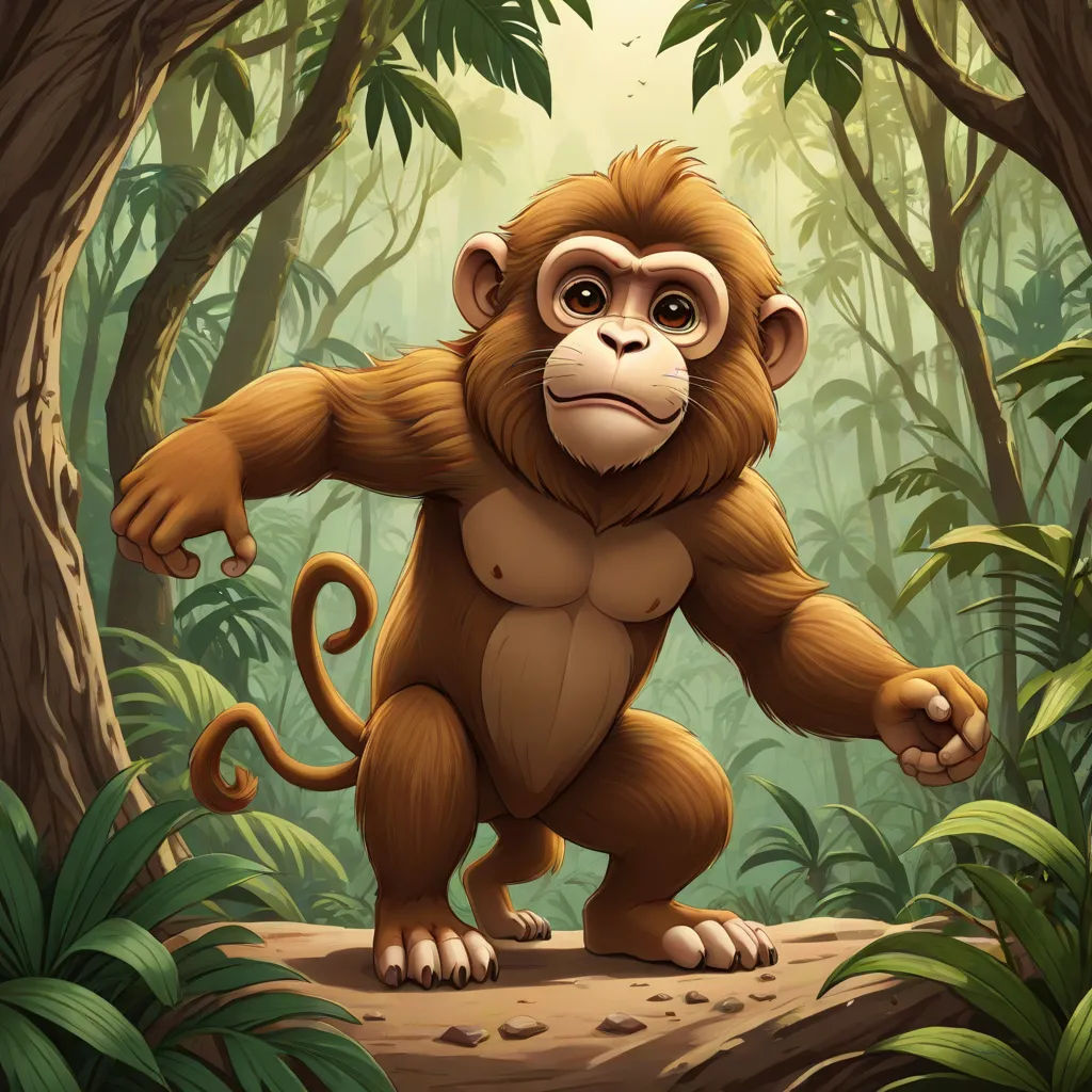 a monkey standing on a log in a forest with trees and plants around it, with a light shining on the ground, Alex Petruk APe, sumatraism, a digital painting, jungle